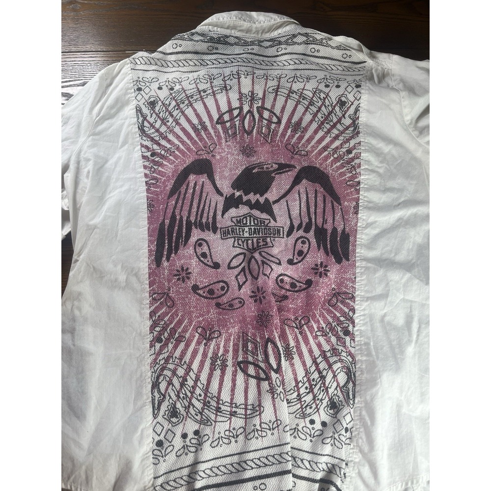 Women's Harley-Davidson White Pearl Snap Mesh Back Short Sleeve Shirt Size 2XL